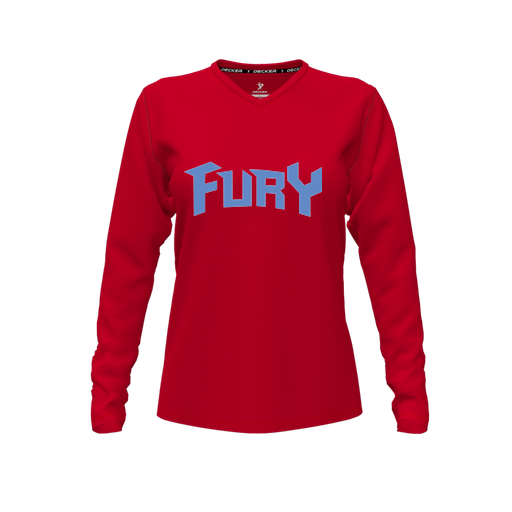 [CUS-DFW-TEES-CMF-VNK-LSL-RED-FYXS-LOGO2] Decker Comfort T-Shirt (Female Youth XS, Red, V Neck, Logo 2, Long Sleeve)