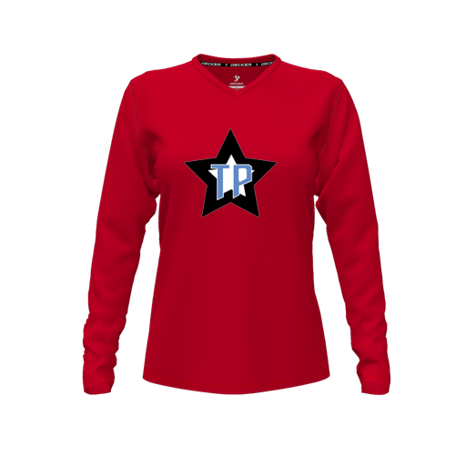 [CUS-DFW-TEES-CMF-VNK-LSL-RED-FYXS-LOGO3] Decker Comfort T-Shirt (Female Youth XS, Red, V Neck, Logo 3, Long Sleeve)