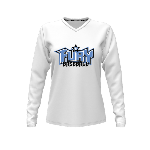 [CUS-DFW-TEES-PER-VNK-LSL-WHT-FYXS-LOGO1] Decker Performance T-Shirt (Female Youth XS, White, V Neck, Logo 1, Long Sleeve)