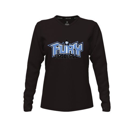 [CUS-DFW-TEES-PER-VNK-LSL-BLK-FYXS-LOGO1] Decker Performance T-Shirt (Female Youth XS, Black, V Neck, Logo 1, Long Sleeve)