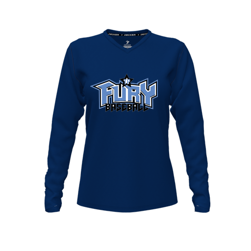 [CUS-DFW-TEES-PER-VNK-LSL-NVY-FYXS-LOGO1] Decker Performance T-Shirt (Female Youth XS, Navy, V Neck, Logo 1, Long Sleeve)