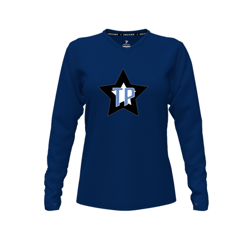 [CUS-DFW-TEES-PER-VNK-LSL-NVY-FYXS-LOGO3] Performance T-Shirt (Female Youth XS, Navy, V Neck, Logo 3, Long Sleeve)