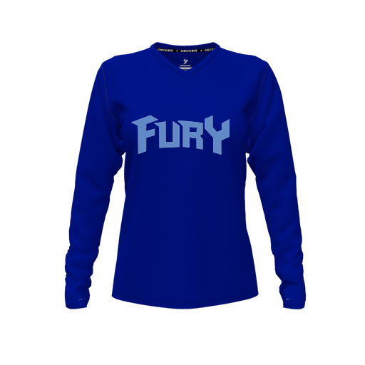 [CUS-DFW-TEES-PER-VNK-LSL-RYL-FYXS-LOGO2] Decker Performance T-Shirt (Female Youth XS, Royal, V Neck, Logo 2, Long Sleeve)